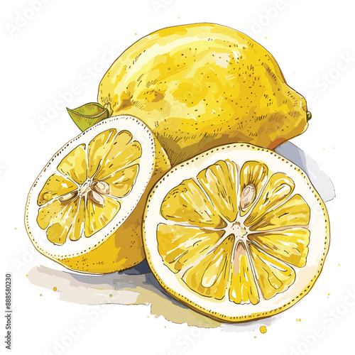 Watercolor illustration of a whole lemon and two sliced lemons with seeds and a green leaf isolated on white background. Citrus fruits, healthy food, summer, refreshment.