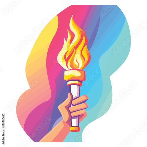 Hand holding a lit torch with a colorful abstract background.  This image is perfect for representing leadership, success, hope, and inspiration.