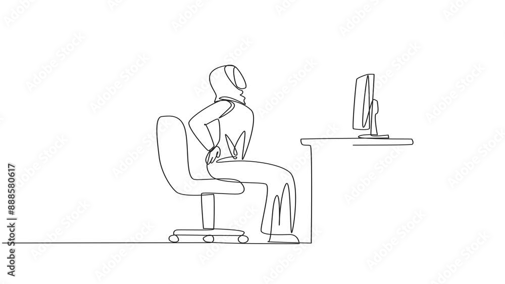 Self drawing animation of single continuous line drawing Arab woman sitting in work chair with hands holding waist. Stretching. Too focused and rarely drinking, makes feels stiff. Full length animated Self drawing animation of single continuous line drawing Arab woman sitting in work chair with hands holding waist. Stretching. Too focused and rarely drinking, makes feels stiff. Full length animated