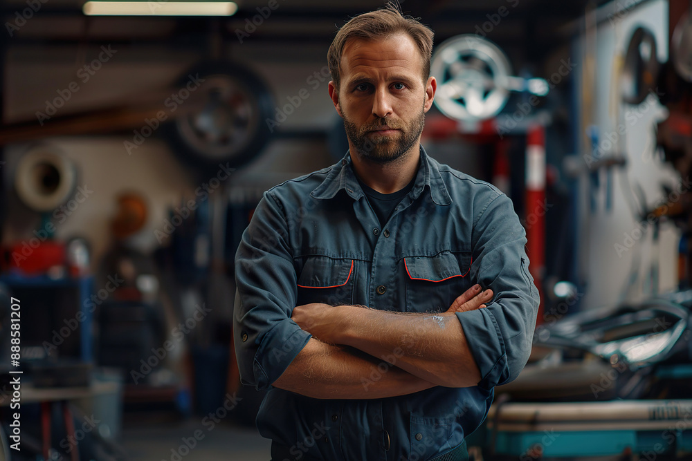 A man in a blue apron stands in a garage with his arms crossed. A man in a blue apron stands in a garage with his arms crossed.
