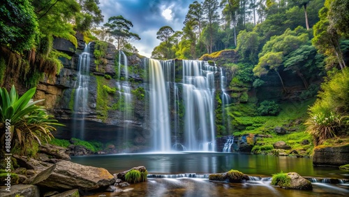 Beautiful waterfall surrounded by lush greenery and rocky cliffs in Tasmania , Nelson Falls, Derwent Bridge, Tasmania, Australia