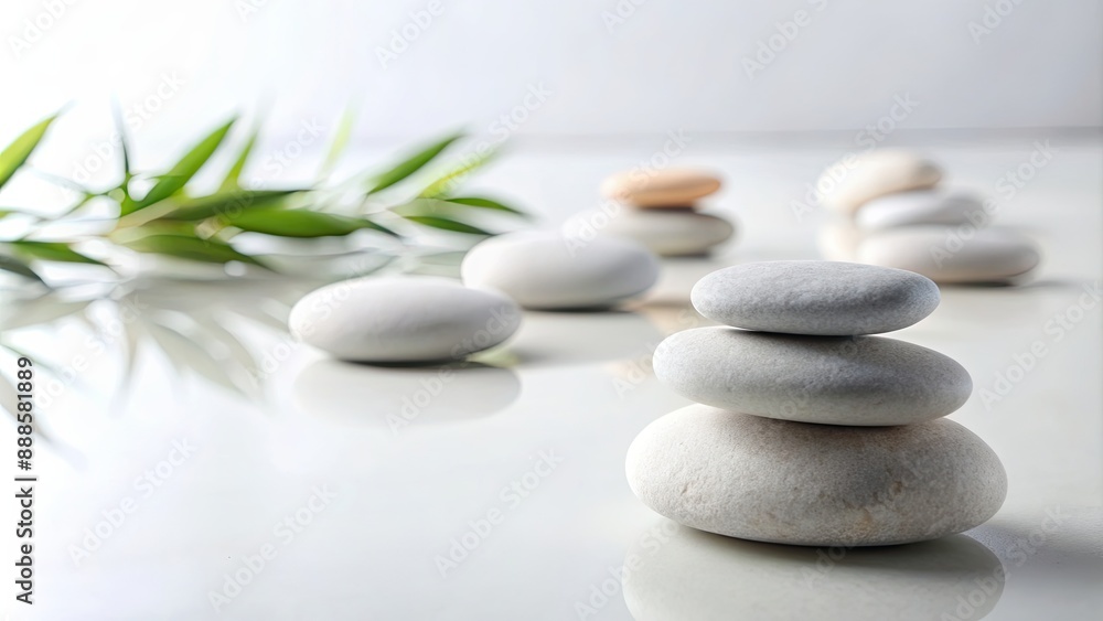 Tranquil arrangement of zen stones with soft lighting on white background, serene, harmony, balance, meditation, relaxation Tranquil arrangement of zen stones with soft lighting on white background, serene, harmony, balance, meditation, relaxation