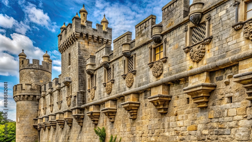 Castle wall made of stone with detailed carvings and battlements, fortress, medieval, architecture, defense Castle wall made of stone with detailed carvings and battlements, fortress, medieval, architecture, defense