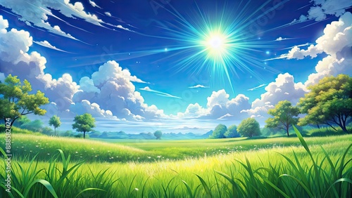 Idyllic anime of a sun-drenched grass field, anime,colorful, flat design, classical, idyllic, sun-drenched, field, grass