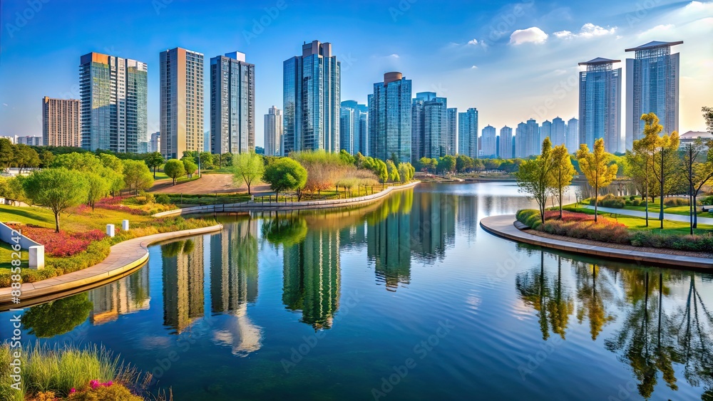 Obraz premium Beautiful urban park with a lake and modern architecture in Incheon, South Korea, Songdo Central Park, Incheon, Korea, urban