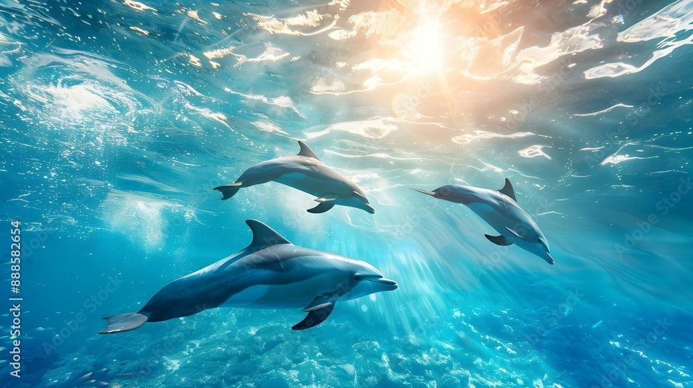 Obraz premium Dolphins swimming underwater in the ocean on a sunny day