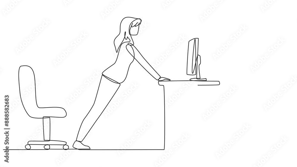 Animation of continuous one line drawing woman do push up movements by holding edge of the work table. Overcome boredom with light exercise. Helps stay focused. Overtime. Full length motion Animation of continuous one line drawing woman do push up movements by holding edge of the work table. Overcome boredom with light exercise. Helps stay focused. Overtime. Full length motion
