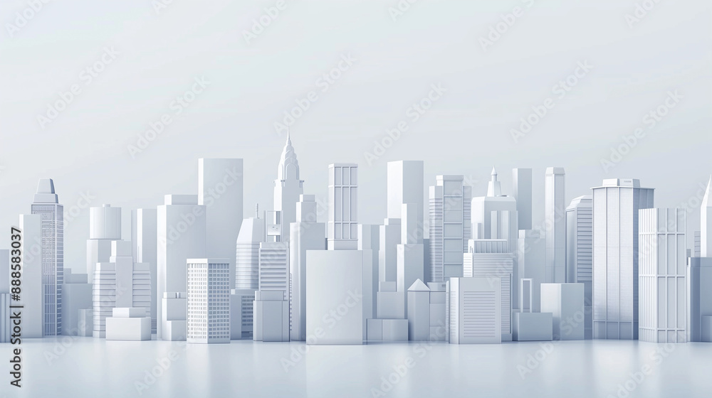Abstract White Cityscape with Reflective Surface and High-rise Buildings.. Abstract White Cityscape with Reflective Surface and High-rise Buildings..