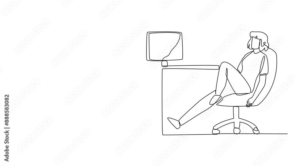Animation of a single one line drawing woman sitting in a work chair with one of legs raised and folded. Do some warm-up movements. Eyes are tired and need to focus. Overtime. Full length motion Animation of a single one line drawing woman sitting in a work chair with one of legs raised and folded. Do some warm-up movements. Eyes are tired and need to focus. Overtime. Full length motion