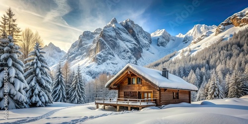 Secluded chalet nestled among snowy mountains, snow, winter, cabin, mountains, cozy, retreat, solitude, scenic, landscape