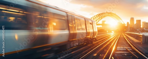 Morning light on Sydney s skyline with a train crossing the iconic Harbour Bridge, blending transportation and famous landmarks