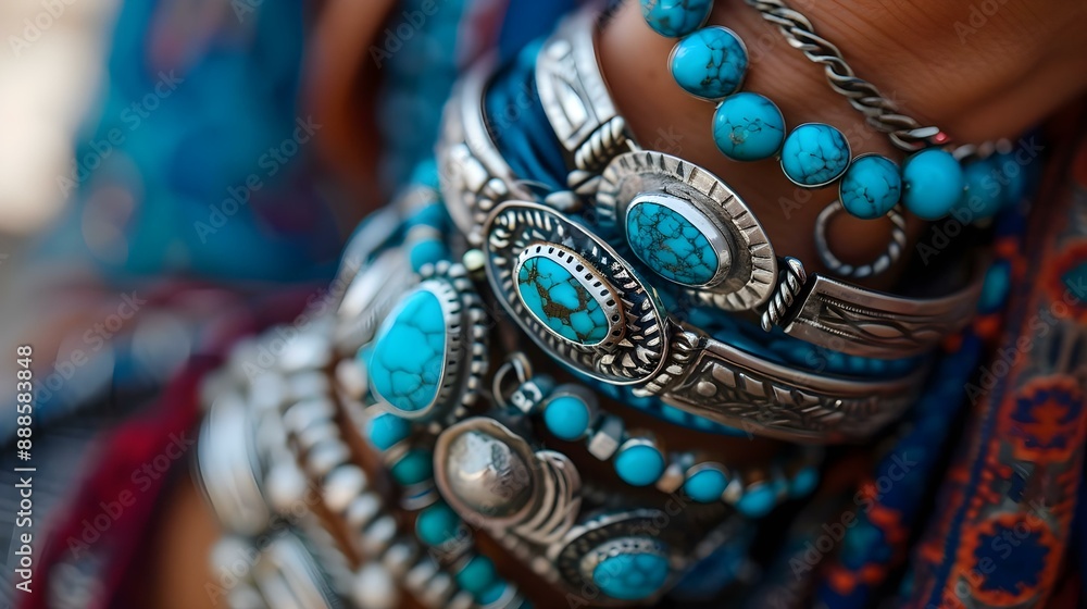 Close-up of a wrist adorned with turquoise and silver jewelry Close-up of a wrist adorned with turquoise and silver jewelry