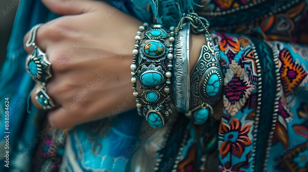 Obraz premium Close-up of a wrist adorned with turquoise and silver jewelry