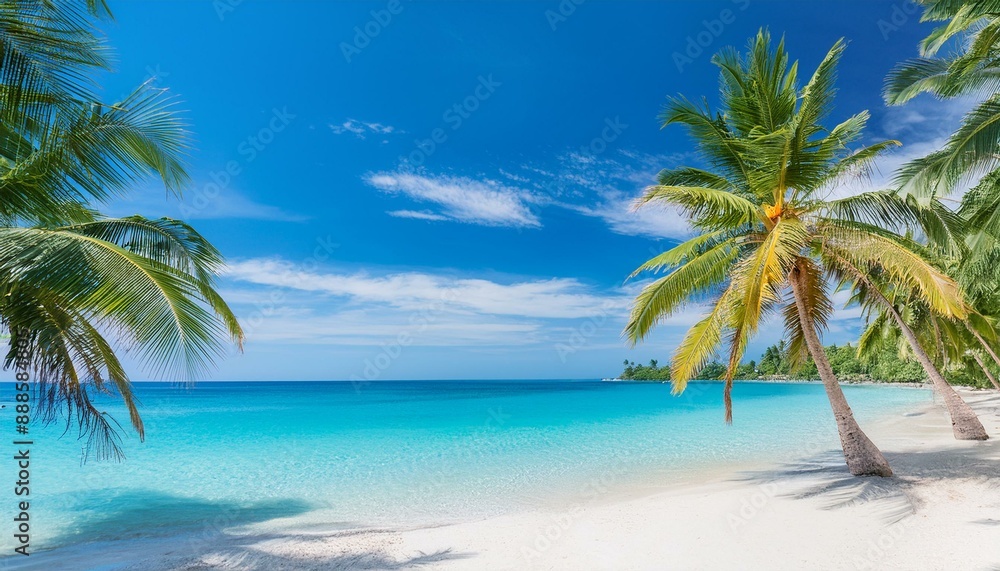 Obraz premium Beautiful tropical beach with palm trees, sunset beach seascape, design template for travel banner.