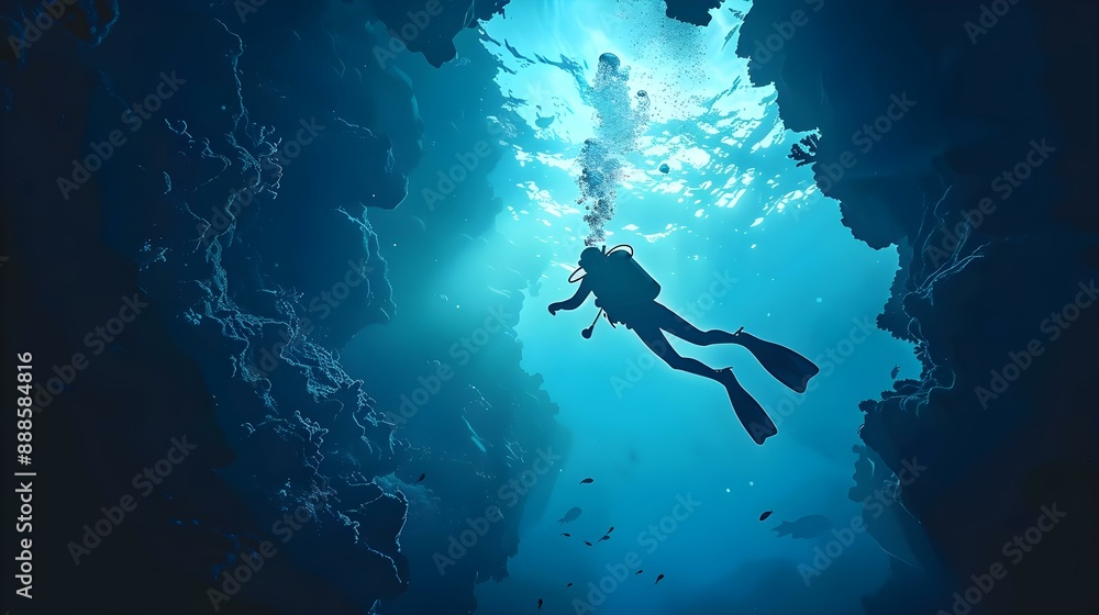 Scuba diver exploring underwater cave Scuba diver exploring underwater cave