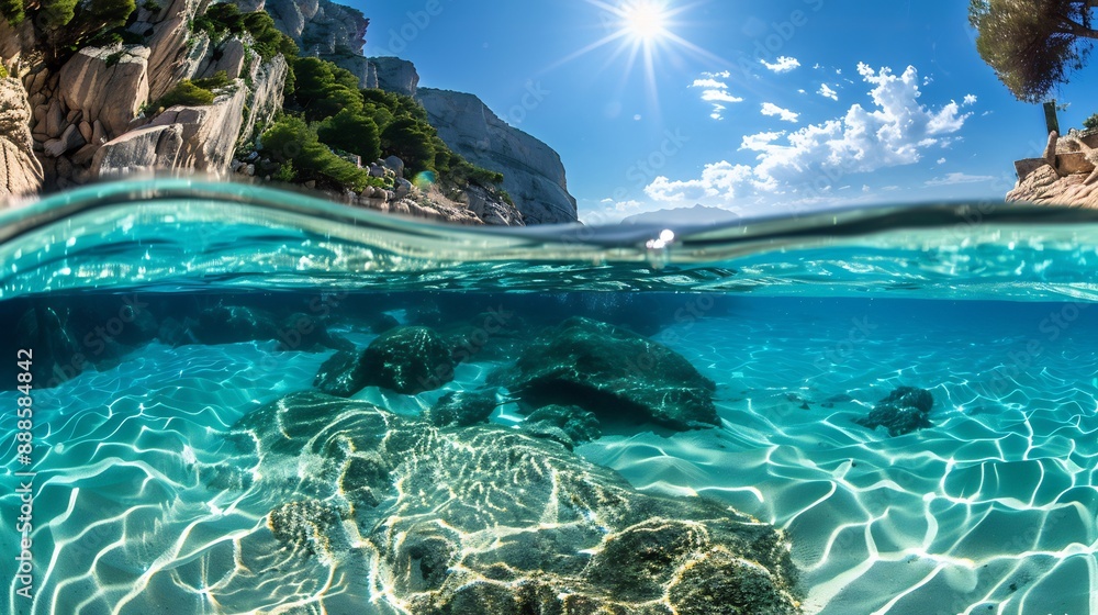 Obraz premium Sunlit Waters and Cliffside Serenity