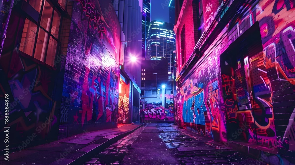 Naklejka premium Graffiti buildings at night with neon lights