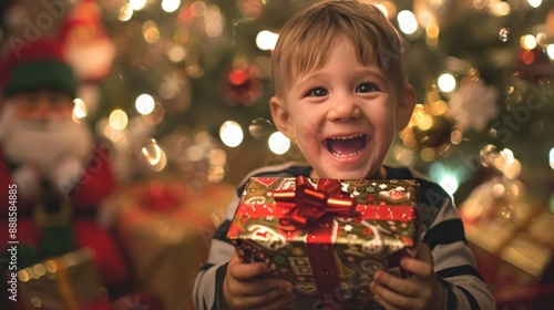 Photo of an excited little child holding a Christmas present on Christmas night.