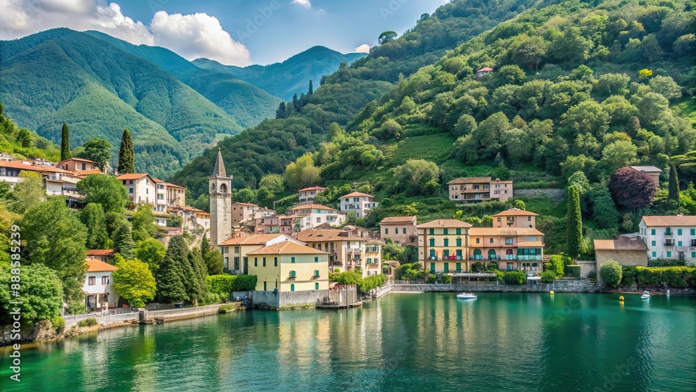 Scenic Italian lakeside village nestled among mountains and lush greenery , Italy, travel, summer, picturesque Scenic Italian lakeside village nestled among mountains and lush greenery , Italy, travel, summer, picturesque