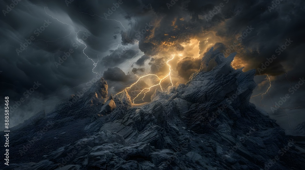 Fototapeta premium Ominous storm clouds above jagged rock formation