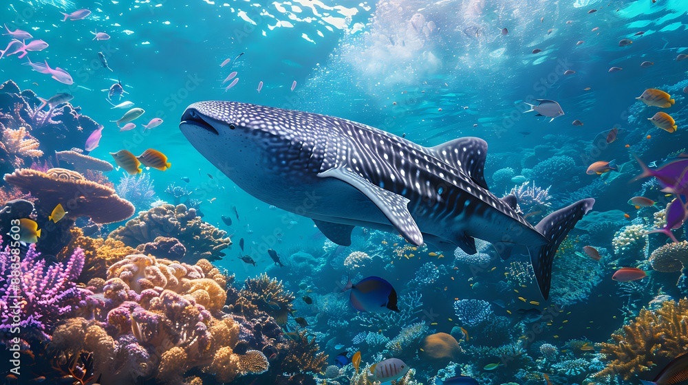 Fototapeta premium Whale Shark Swimming through a Vibrant Coral Reef.