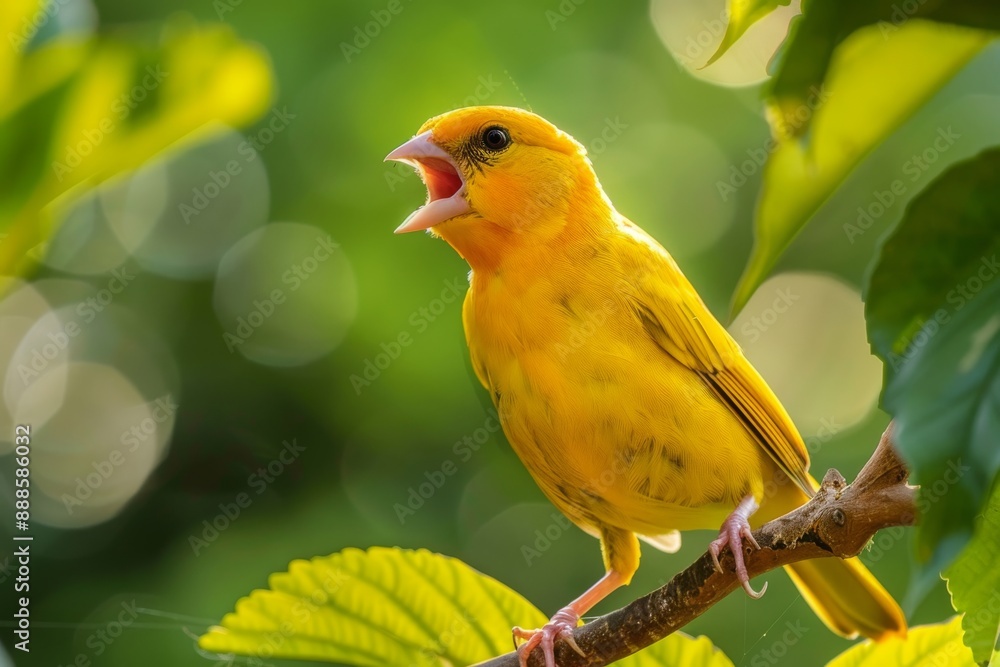 Yellow Bird Singing on a Branch in a Lush Green Forest Yellow Bird Singing on a Branch in a Lush Green Forest