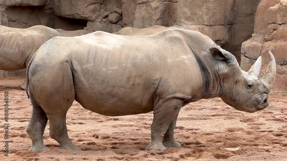 Extreme close up view of an African White Rhinoceros and its herd over a sandy and rocky landscape in Zambia. 4K 60FPS. Handheld camera. Extreme close up view of an African White Rhinoceros and its herd over a sandy and rocky landscape in Zambia. 4K 60FPS. Handheld camera.