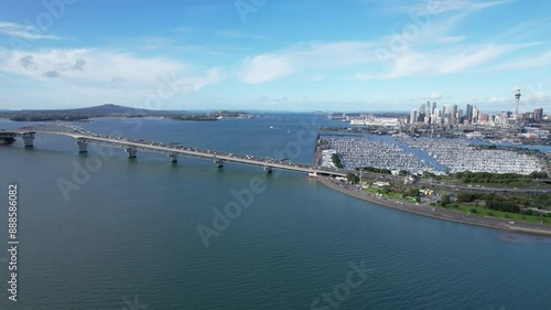 Wallpaper Mural Auckland Harbour Bridge State Highway1 Motorways And Westhaven Marina Management In Auckland, New Zealand. Aerial Shot Torontodigital.ca
