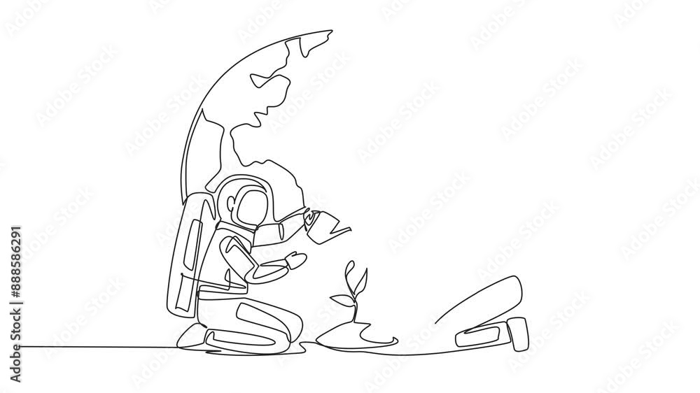 Animation of a single one line drawing astronaut holds a mound of earth and the others waters plants. Team cohesiveness must be maintained. Cosmonaut loves the earth. Nature. Full length motion Animation of a single one line drawing astronaut holds a mound of earth and the others waters plants. Team cohesiveness must be maintained. Cosmonaut loves the earth. Nature. Full length motion