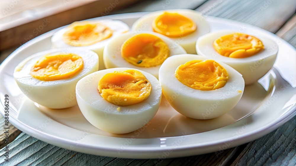 Close up of perfectly boiled eggs with runny yolks on white plate, boiled eggs, breakfast, food, protein, healthy, yellow, white Close up of perfectly boiled eggs with runny yolks on white plate, boiled eggs, breakfast, food, protein, healthy, yellow, white