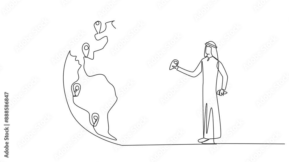 Animated self drawing of single one line drawing Arab man places pin location point on surface of globe. Image of distribution of urgent areas for immediate afforestation. Full length animation Animated self drawing of single one line drawing Arab man places pin location point on surface of globe. Image of distribution of urgent areas for immediate afforestation. Full length animation