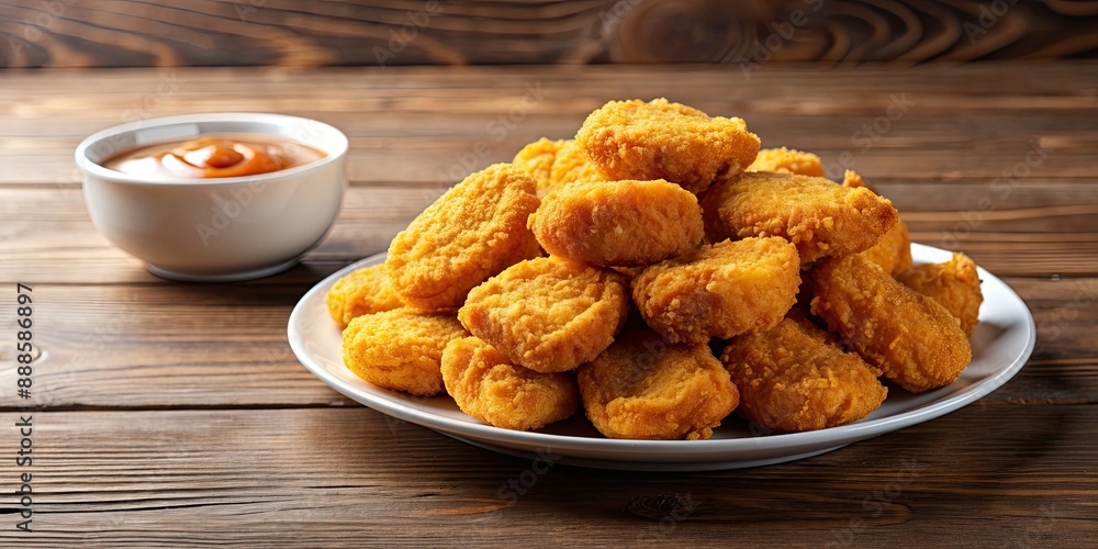 Delicious golden crispy chicken nuggets on a plate , fast food, crispy, breaded, snack, appetizer, meal, fried Delicious golden crispy chicken nuggets on a plate , fast food, crispy, breaded, snack, appetizer, meal, fried