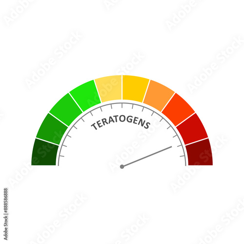 Meter scale with arrow. Teratogens measuring device icon. Sign tachometer, speedometer, indicator. Illustration in flat style. Infographic gauge element. Health care concept.