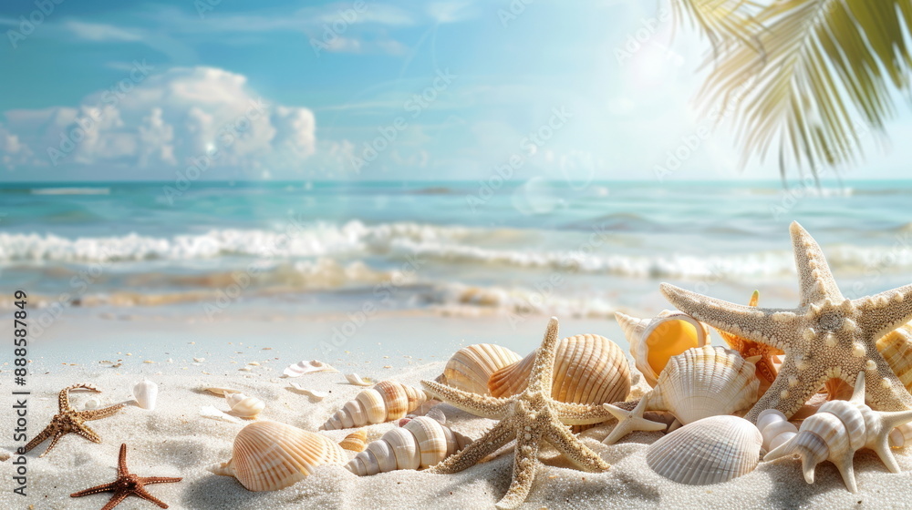 many shells and starfish on white sand with beautiful ocean background many shells and starfish on white sand with beautiful ocean background