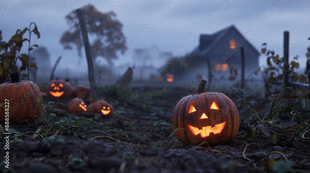 scene of a pumpkin patch at dusk with spooky scene of a pumpkin patch at dusk with spooky