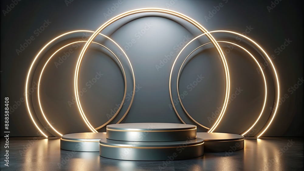 Lighting podiums designed to appear as interlocking circles or loops, perfect for a modern product backdrop, rendering, mockup Lighting podiums designed to appear as interlocking circles or loops, perfect for a modern product backdrop, rendering, mockup