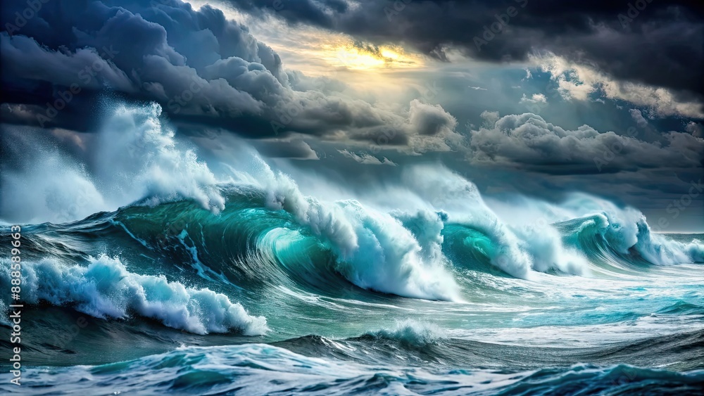 Fototapeta premium Stormy sea with textured waves and foam made from sawdust , stormy, sea, waves, foam, sawdust, textured, ocean, water, weather