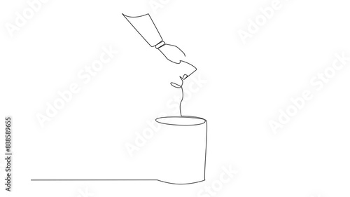 Animated self drawing of single one line drawing businessman's hand throws away a crushed paper cup. The correct way to dispose of it. Cannot be misused by irresponsible people. Full length animation photo