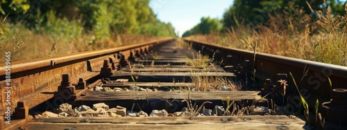 closeup view on a old rusty empty raiload with rails. eco environment green forest and trees. wide banner wallpaper background for ads, web design, sites, company business usage photo