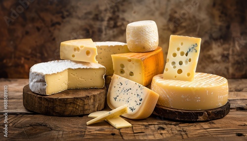 A variety of cheeses are arranged on a wooden table. There are 7 different types of cheese.