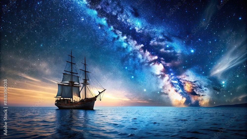 Ship sailing under starry night sky on the open sea, ship, night, stars, sea, ocean, voyage, adventure, nautical, water Ship sailing under starry night sky on the open sea, ship, night, stars, sea, ocean, voyage, adventure, nautical, water