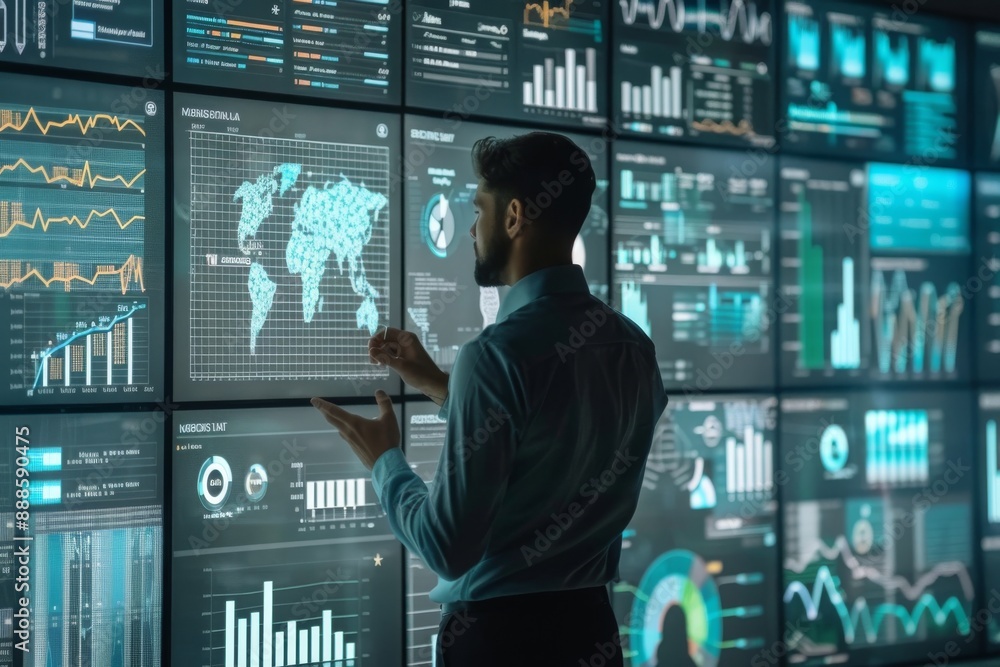 Man Analyzing Data on Multiple Screens Man Analyzing Data on Multiple Screens