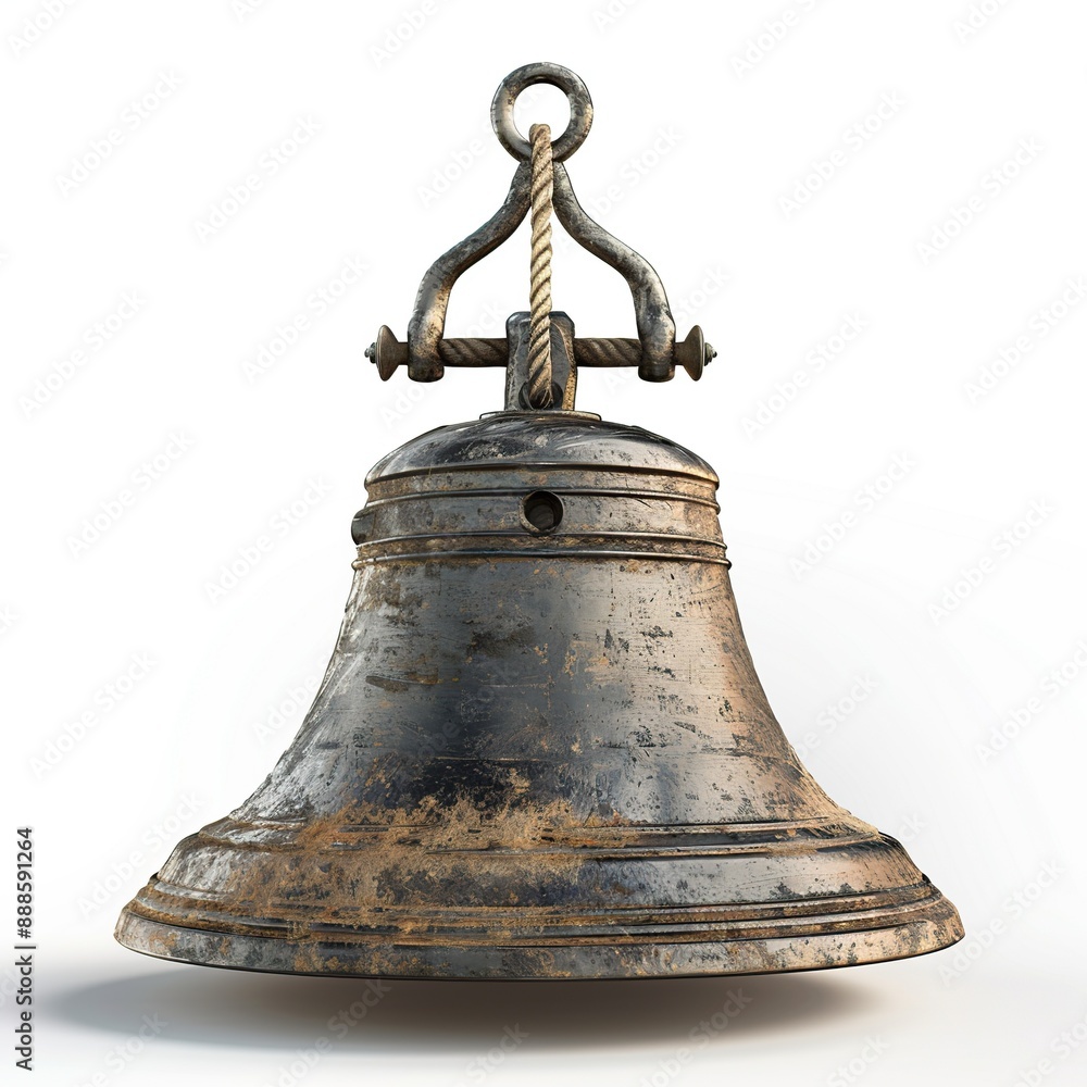 3D rendering of an old bronze ship's bell with a rope attached to a metal hook 3D rendering of an old bronze ship's bell with a rope attached to a metal hook