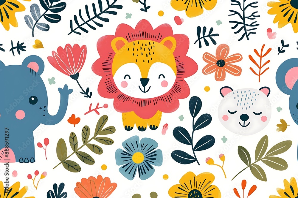 Fototapeta premium Cute cartoon seamless pattern with lion bear and flowers on white background