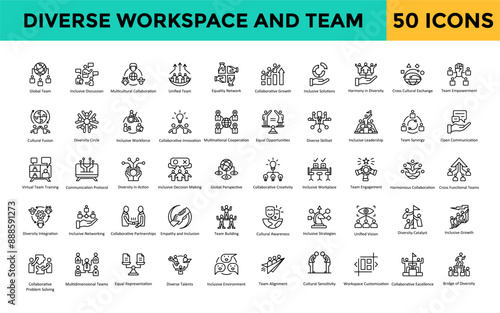 Diverse workspace and team icon set with global team, inclusive discussion, multicultural collaboration, unified team, equality network, collaborative growth icon. Simple line vector 
