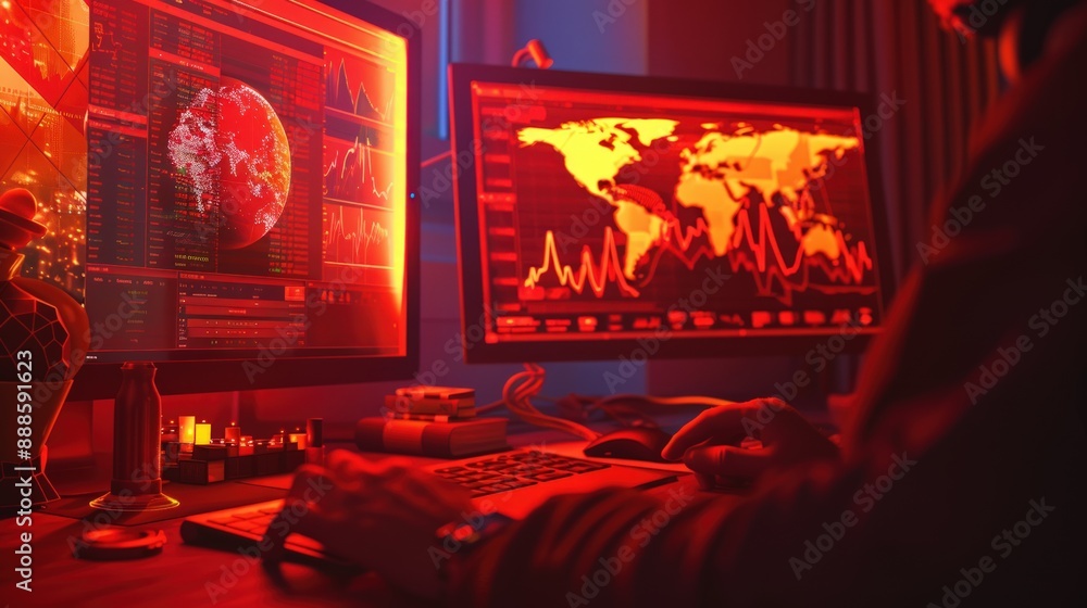 A red desktop with an iMac, globe and other office elements. A red desktop with an iMac, globe and other office elements.
