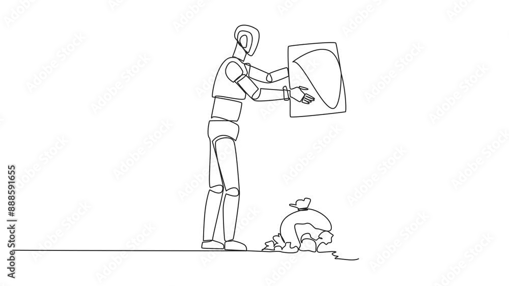 Animation of single continuous line drawing robot throws rubbish into rubbish pile. Environmental care. Robot cares about cleanliness. Artificial intelligence. Future tech. Full length motion Animation of single continuous line drawing robot throws rubbish into rubbish pile. Environmental care. Robot cares about cleanliness. Artificial intelligence. Future tech. Full length motion