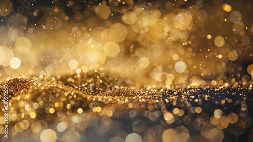 Close-up of sparkling gold dust sprinkled on a reflective surface