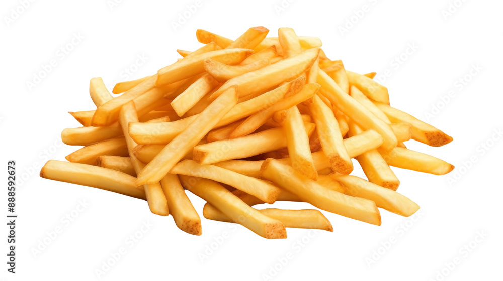A pile of golden, crispy French fries on a white background. Perfectly cooked and appetizing, ideal for fast food, snack, and junk food concepts. A pile of golden, crispy French fries on a white background. Perfectly cooked and appetizing, ideal for fast food, snack, and junk food concepts.