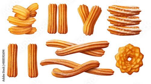Assorted churros and fried pastries on a white background, showcasing different shapes and sizes of this popular sweet treat.